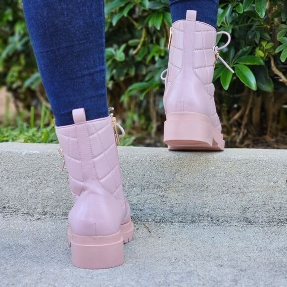 Womens Chunky Block Heel Ankle Combat Boots Pink Color - Picture 5 of 7